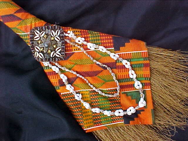 Tribal Wedding Jump Broom Kente pattern fabric Medallion Hand strung Cowrie