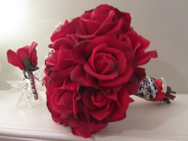 Real Touch Silk Bridal Bouquet Red Roses with Black and White Damask wrap
