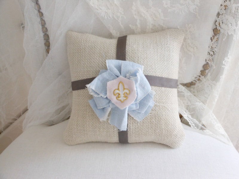 Decorative pillow burlap pillow blue fleurdelis fabric bow