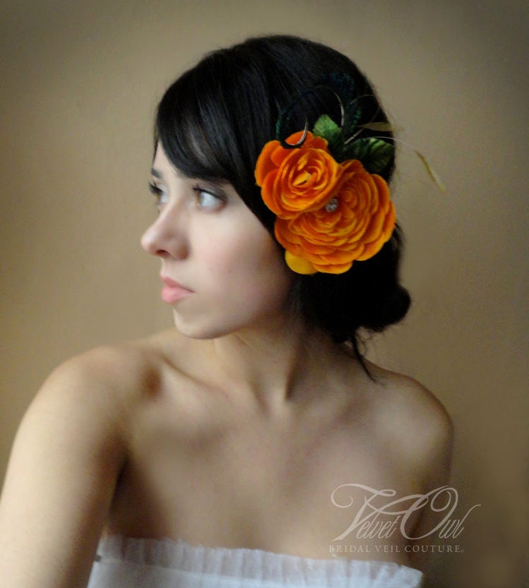 Nichola Orange ranunculus bridal flower hair clip From VelvetOwl
