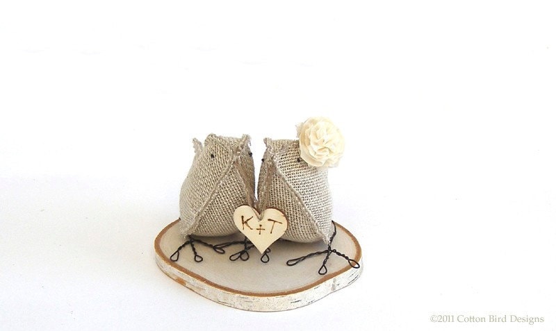 Wedding Cake Topper Mr and Mrs Burlap Birds Personalised Initials Wood 