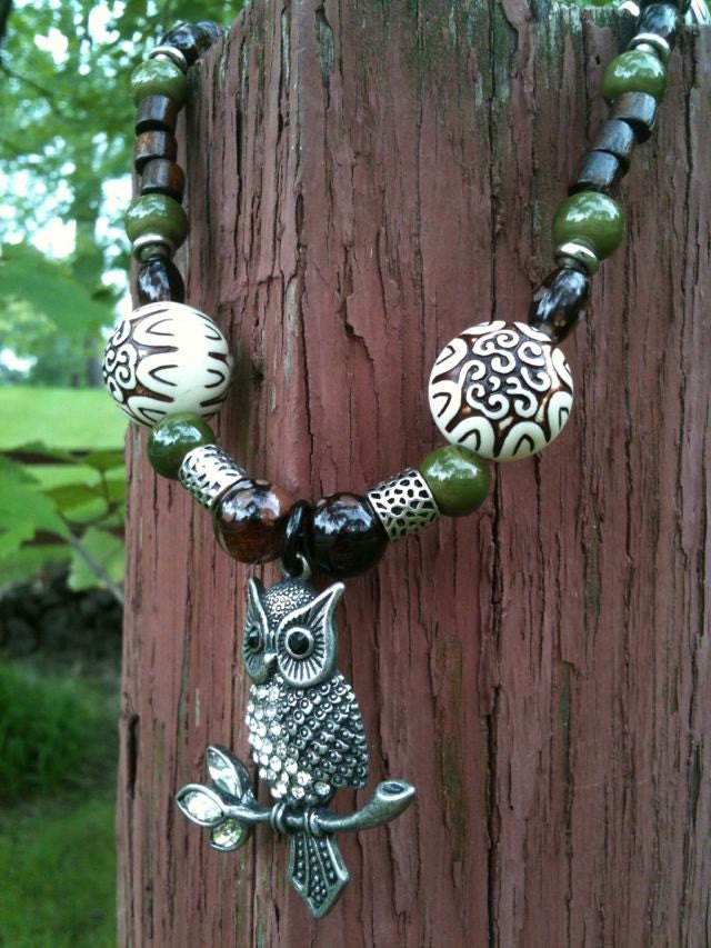 I Love Owls Tribal Owl Jeweled Pendant necklace with ceramic beads 