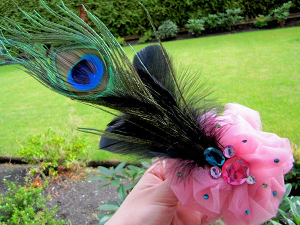 Whimsical Colorful Peacock Feather Fascinator Pink Tulle Hair Piece