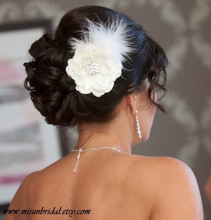 Bridal flower with whispy FEATHERS RHINESTONE or pearls bridal hair 