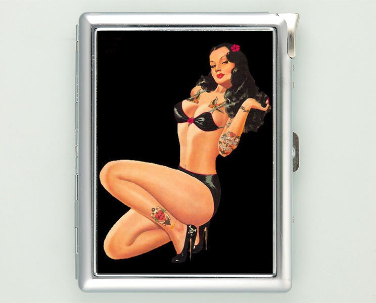 Pin Up Girl Tattoo Rockabilly Cigarette Metal Case Lighter cgc0255 