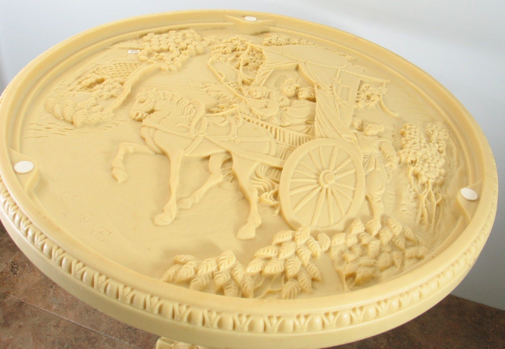 Unique Faux Ivory Relief Carved Side Table Made in Italy in Asian Style