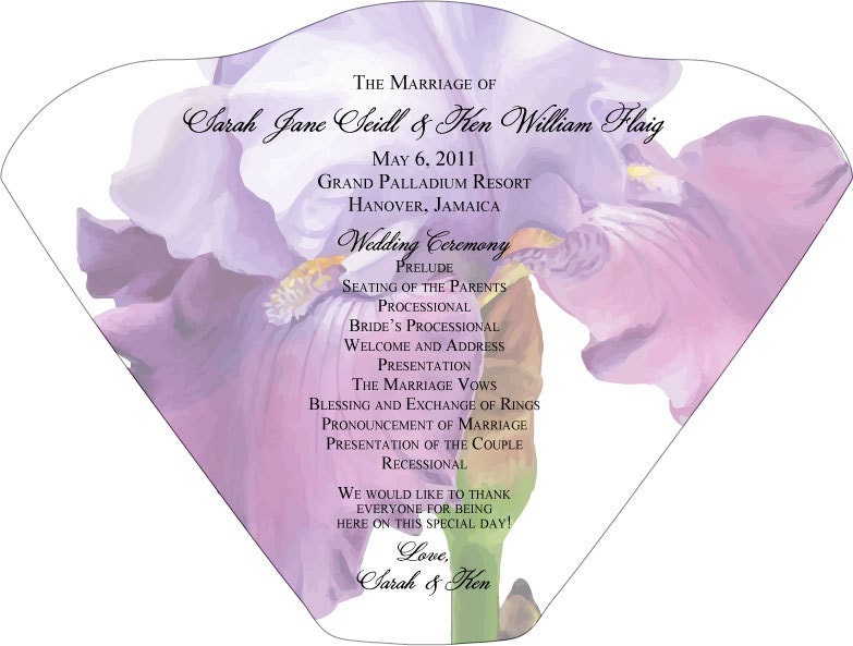 THIS LISTING IS FOR A SET OF 25 Large Purple Iris Wedding Itinerary Fans