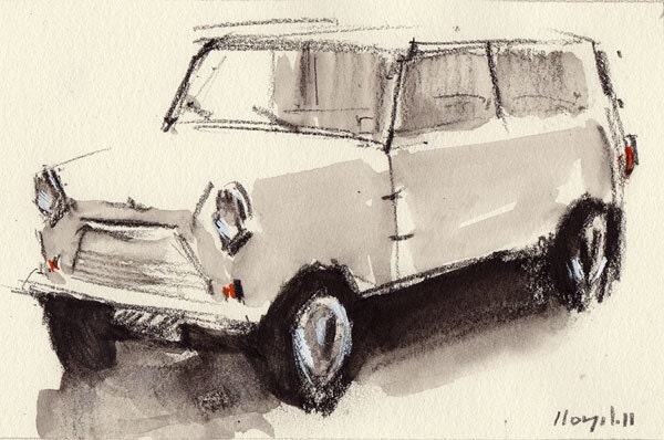 Original Painting Mini Cooper Auto Car Retro Sketch Drawing 35x5 Line and 