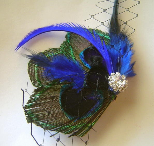 Malibu Blue Peacock and Black Veil Hair Fascinator Clip Wedding Perfect for