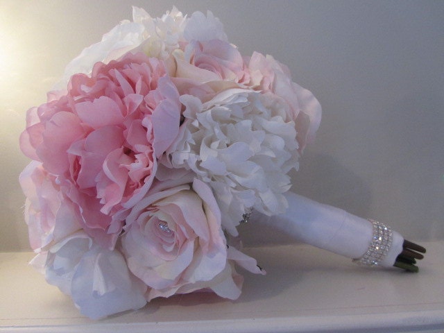 Real Touch Silk Bridal Bouquet Boutonnieres Pink and White Roses and 