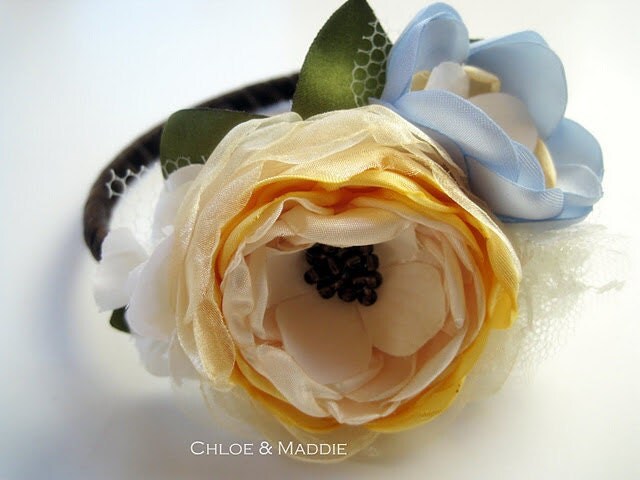 TABITHA buttery yellow and baby blue fabric flowers headband for weddings 