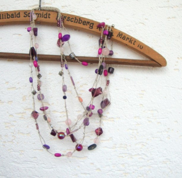 Violet linen necklace purple and pink beads OOAK multistrand necklace