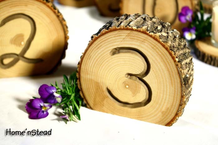 Rustic Wedding Log Table Numbers Ash Wood Bark Country Wedding Decor