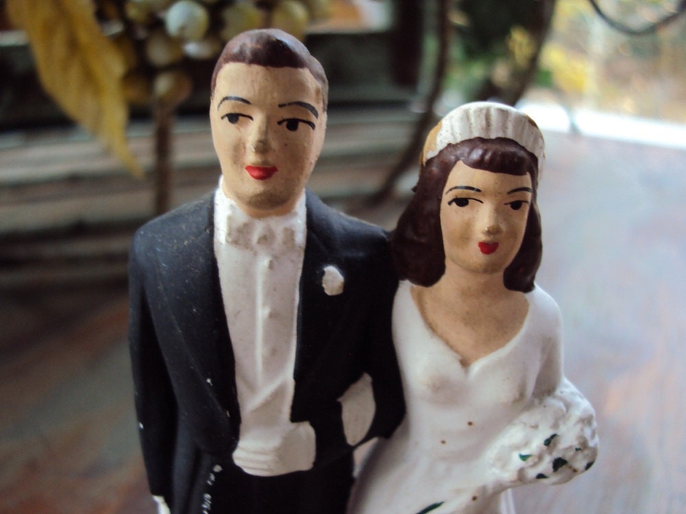 RESERVED FOR HEIDI Vintage Plaster of Paris Wedding Cake Topper Bride and 