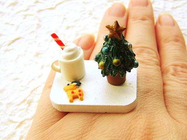 Christmas Ring Kawaii Food Cookies Hot Chocolate Miniature Food Jewelry