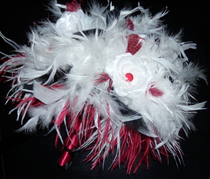 Ostrich Feather Rose Flower Bridal Bouquet Dark Red Black White 