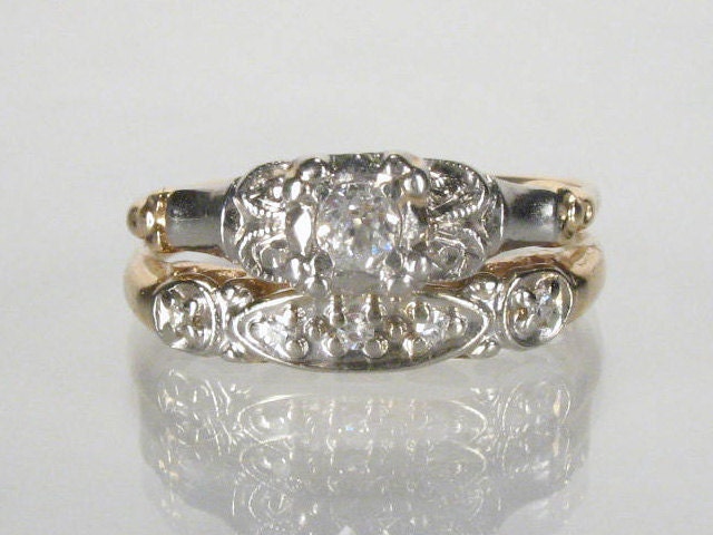 Antique Diamond Wedding Rings Set Old European Cut Diamond
