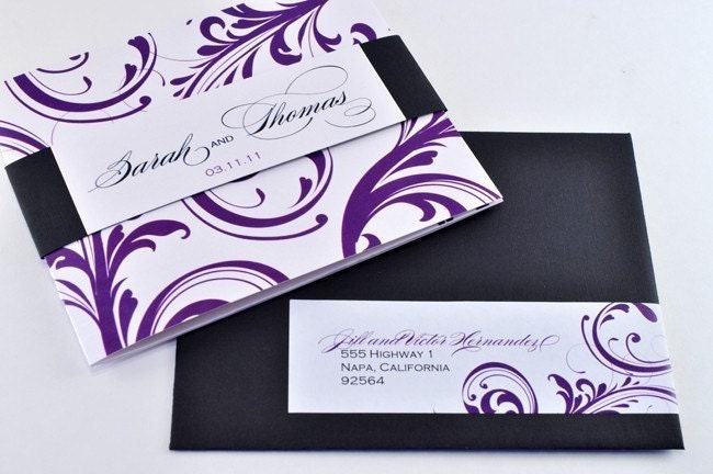  Wedding Invitation in Purple and Black with Perforated RSVP Postcard 
