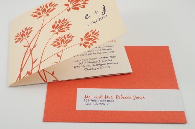 Unique Orange and Navy TriFold Wedding Invitation with Perforated RSVP 