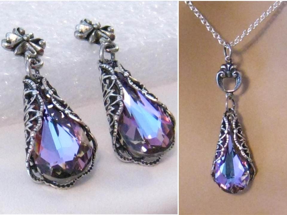 Wedding Jewelry Purple Bridesmaids Jewelry Set Romantic Victorian Vitrail