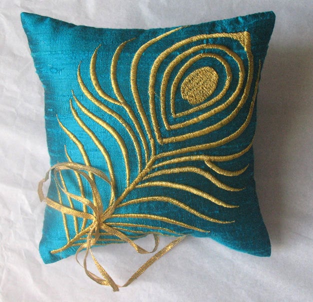 Peacock inspired ring pillow from Comfyheaven Weddings peacock ring pillow