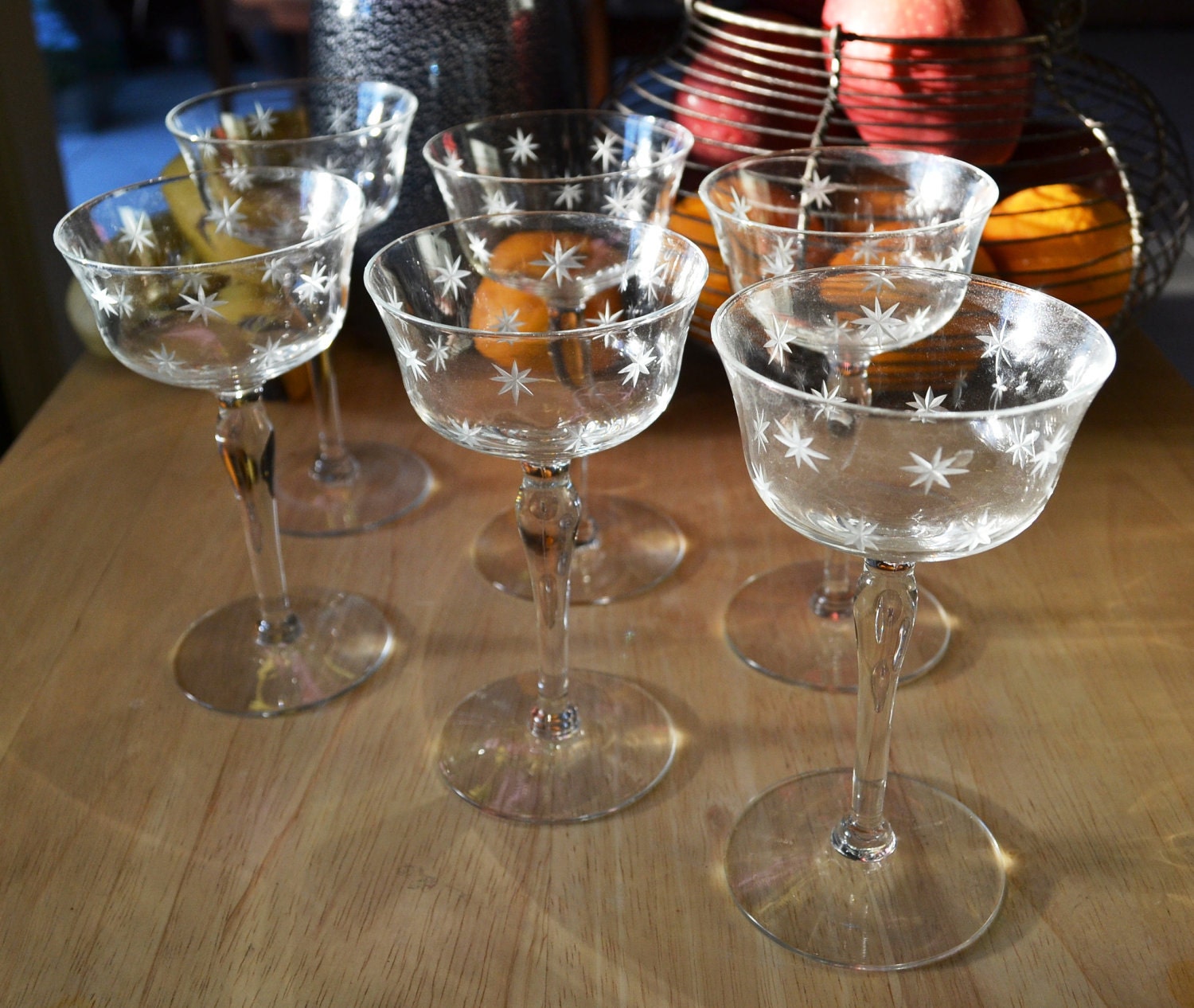 Vintage Etched Stars Champagne Glasses Star Burst Pattern Stemware