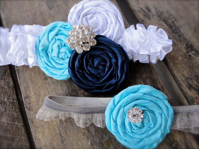 Bridal Garter Set Rosette Navy Blue Turquoise White From SeventhStudio