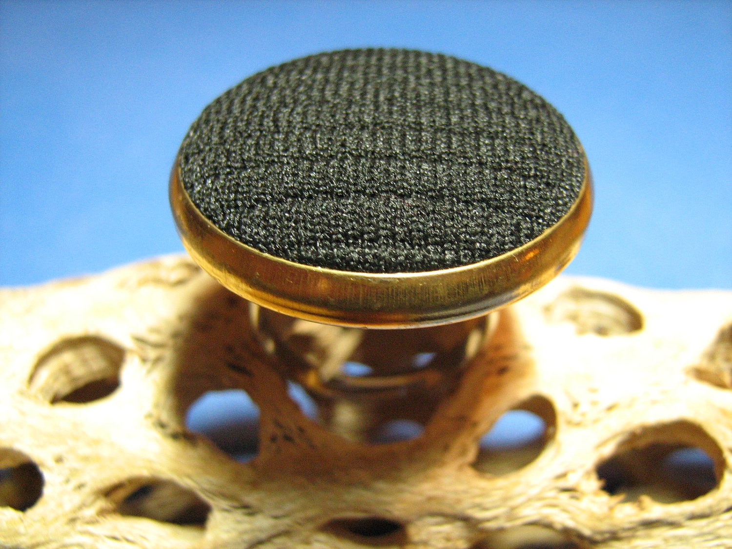 Large Vintage Black Fabric and Goldtone Button Ring Large Vintage Black Fabric and Goldtone Button Ring