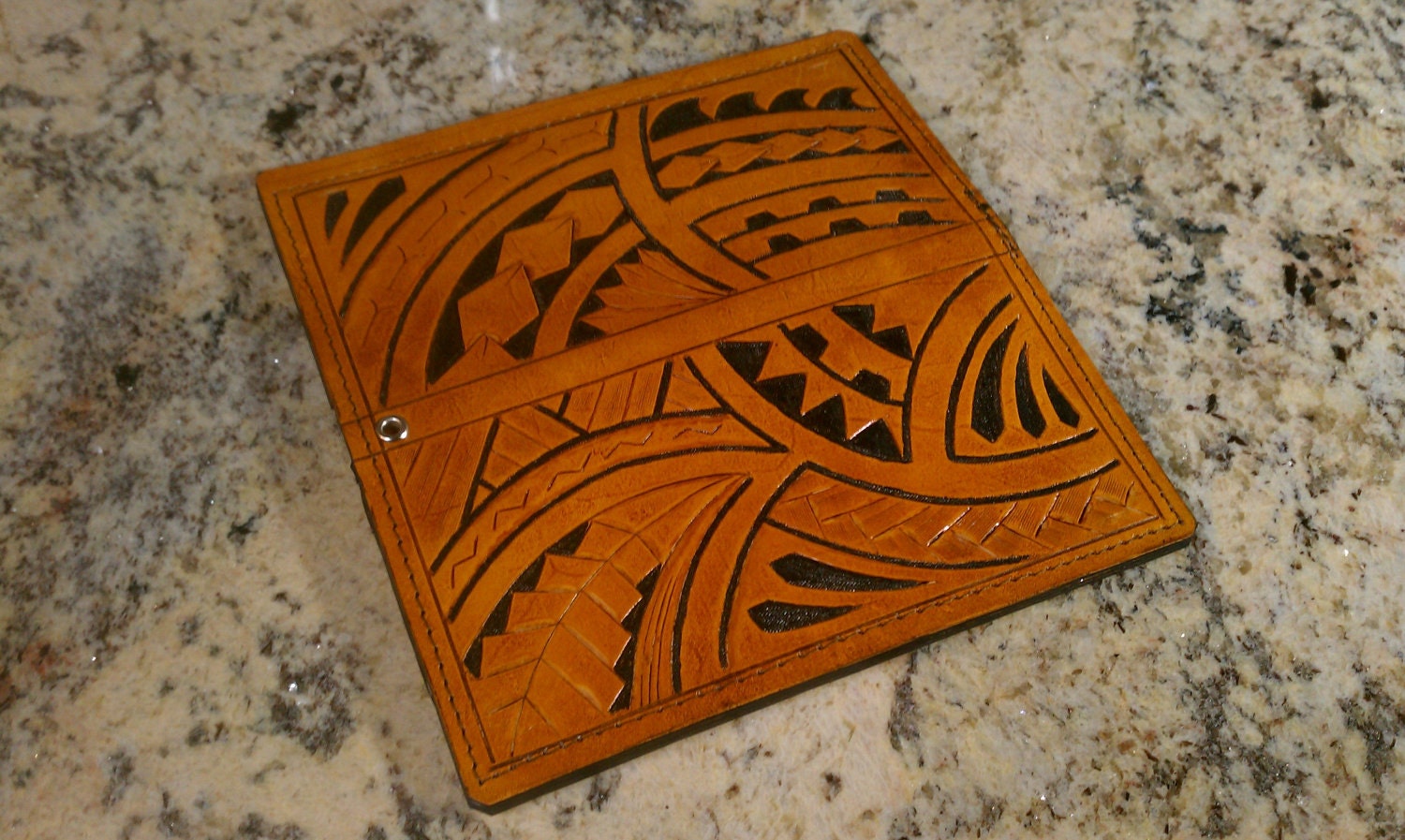 Mens Leather Biker Wallet with Polynesian Tattoo Design From tatauleather