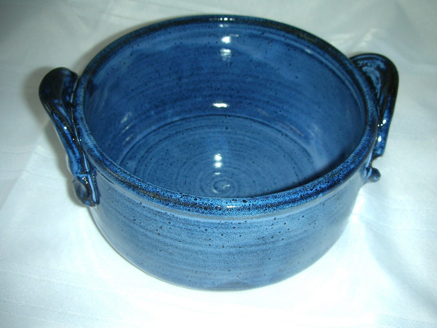 Sale! Blue Wheel Thrown Stoneware Clay Casserole Bowl Dish Bread Baker