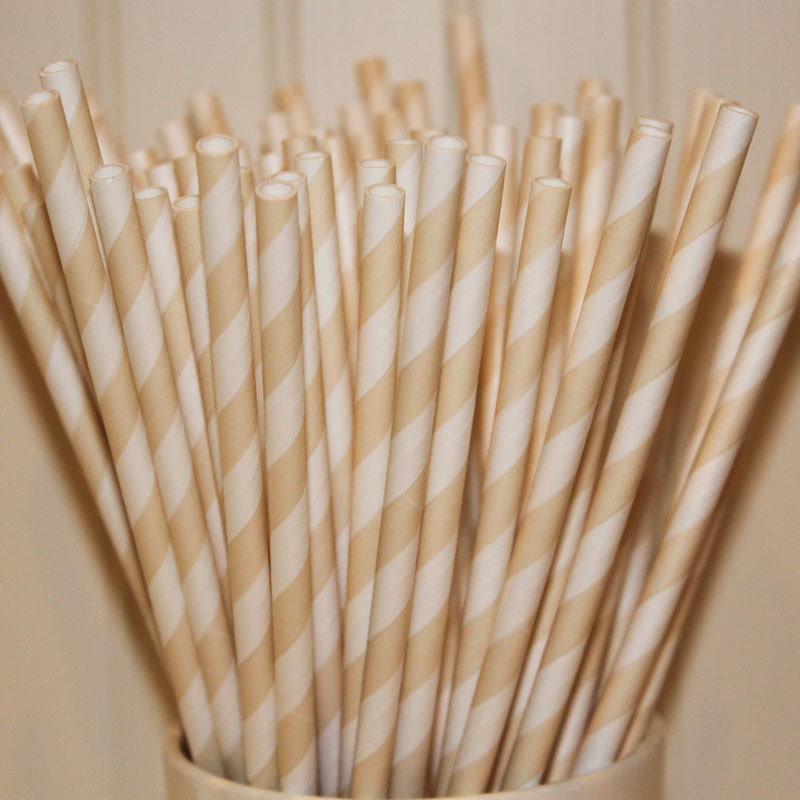 300 IVORY CREAM Striped Paper Straws with Printable Paper Flags Wedding 