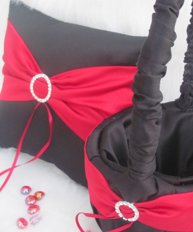 Circle of Love Wedding Ring Bearer Pillow and Flower Girl Basket Set Black