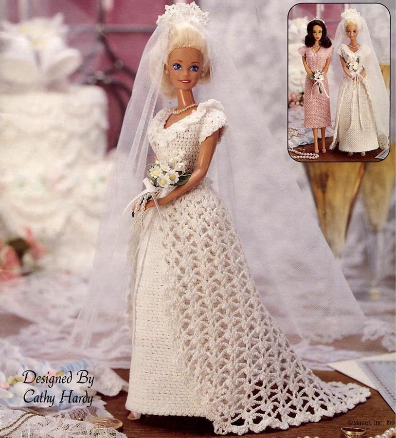 Vintage Crocheted Fashion Doll Clothes Patterns Wedding Gown Veil 
