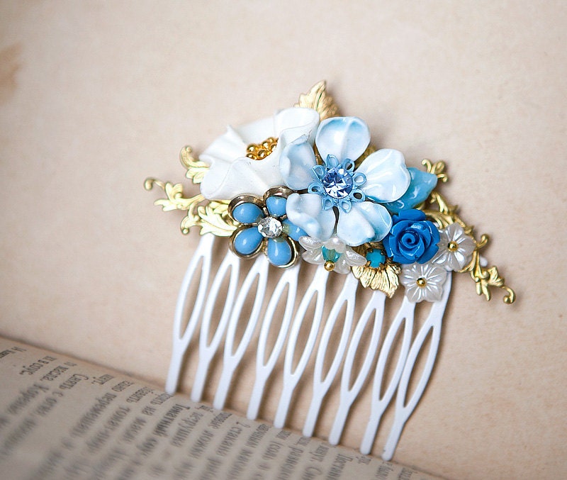 OOAK Shabby Chic Vintage Light Blue and White Blossoms Wedding Romantic