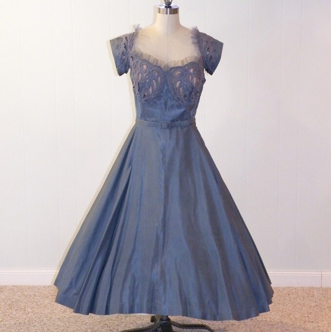 1950s Dress Slate Blue Silk Taffeta Formal Wedding Party Dress 