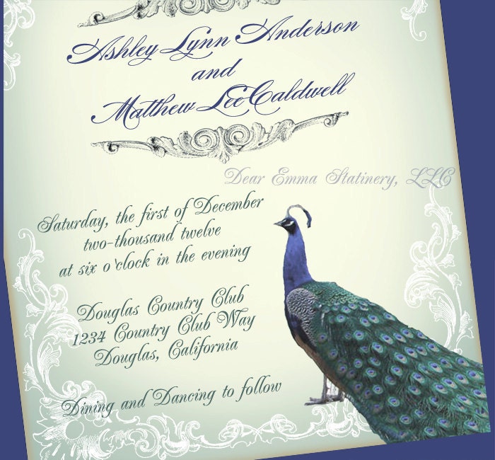 Great Gatsby Peacock Wedding Invitation and RSVP Set Romantic Vintage 