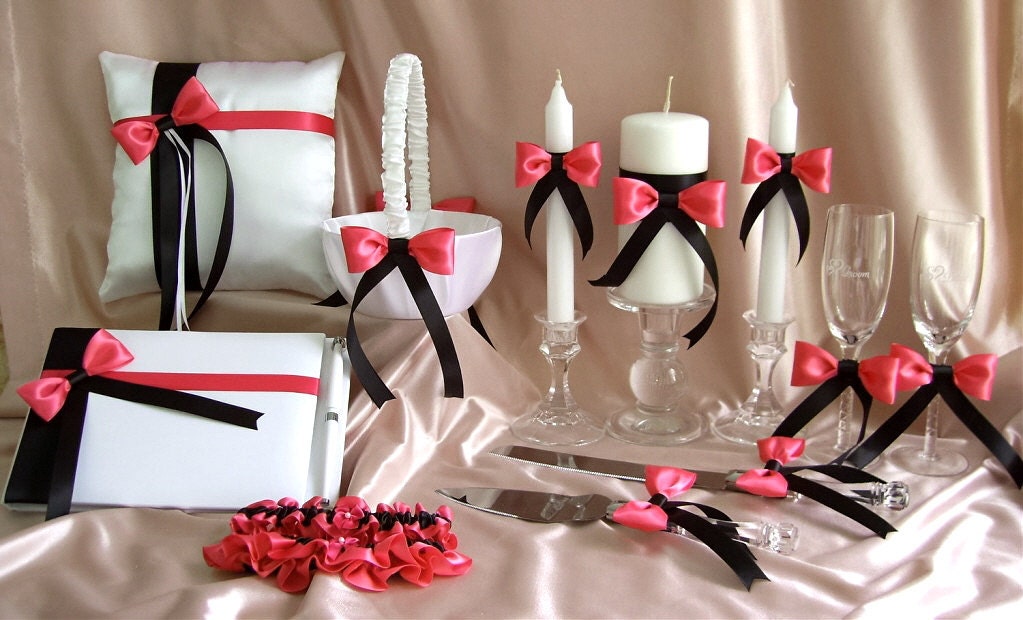 Wedding Accessories Coral and Black Basket Pillow Guest Book Garters 