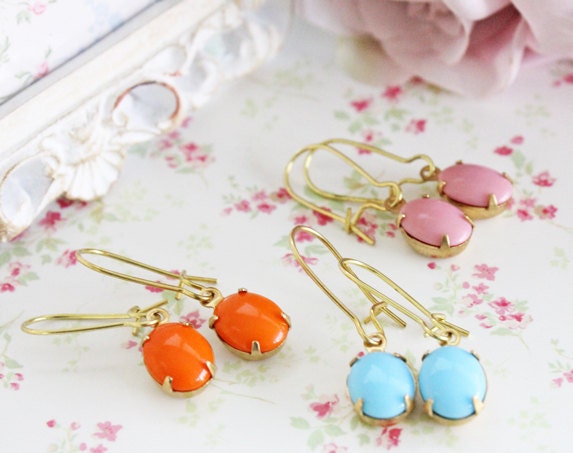 Vintage Turquoise Tangerine and Pink Stone Earrings Bridesmaids Earrings