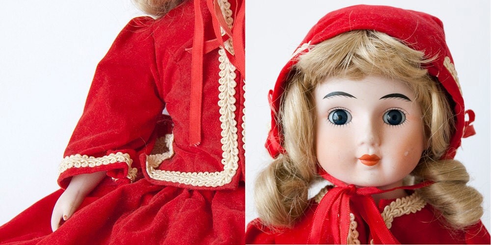Vintage Porcelain Doll Victorian Red Velvet Skirt Jacket Bonnet with Light 