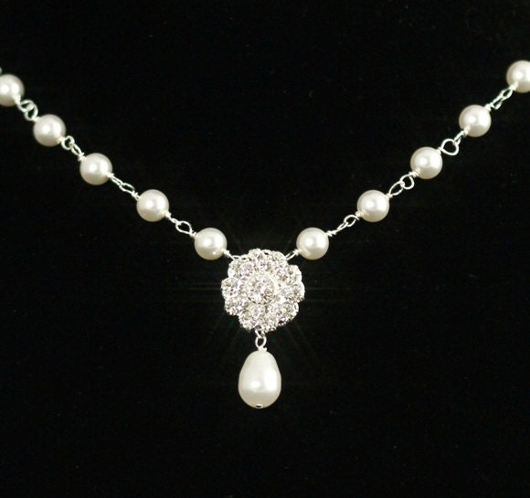 Rhinestone Pearl Necklace Vintage Bridal Jewelry Wedding Bridal 