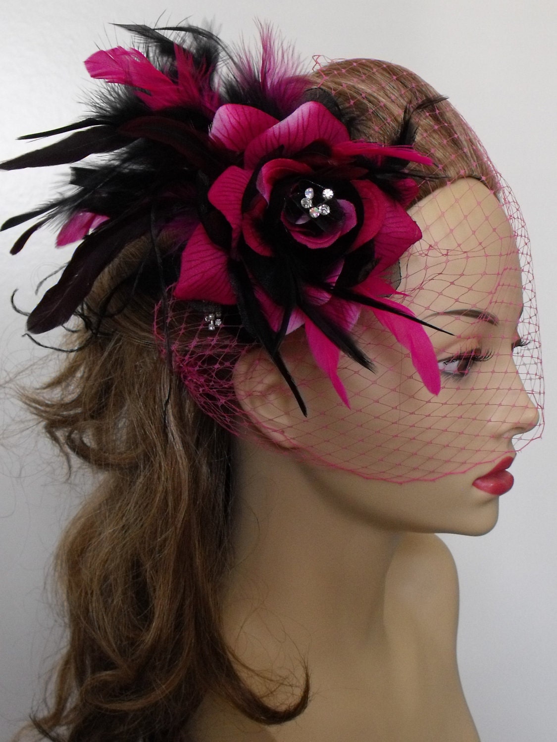 Hot pink and Black Fuchsia Headpiece and Birdcage veil :  wedding birdcage veil hair flower vintage fascinator and veil rose hot pink fuchsia veil black pink bridesmaids ceremony dress jewelry Il Fullxfull.304566122