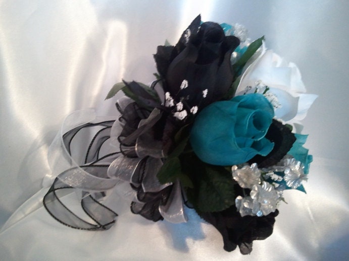Turquoise Black White 25pc set silk Wedding Flowers special for Megan