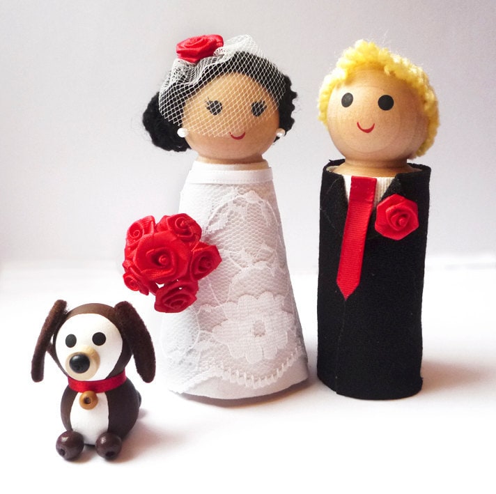 Wedding Cake Toppers Wooden Bride and Groom Custom Cake Toppers and 1 Pet