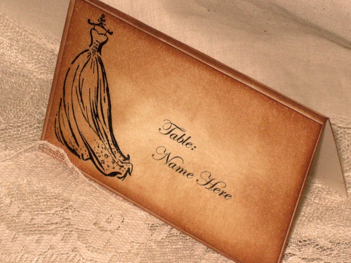Vintage Style French Elegant Wedding Place Cards with Vintage Wedding Dress