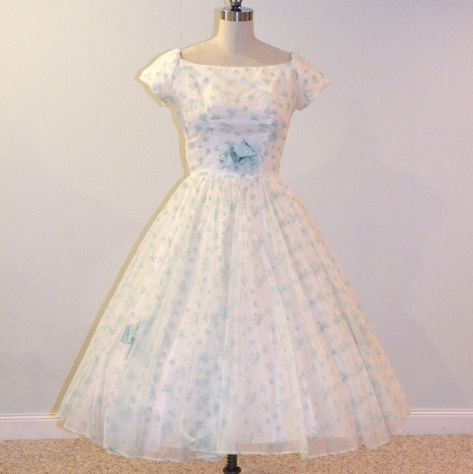 Vintage 50s Party Dress Flocked Velvet Bows Organza Tulle Formal Prom 