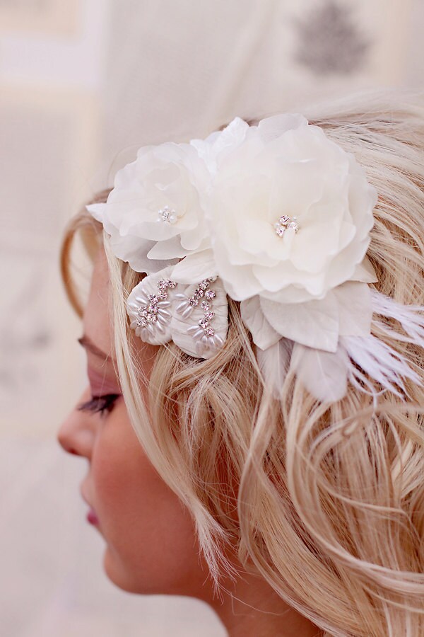 Wedding ivory flower bridal headpiece feather hair clip Wedding Hair 