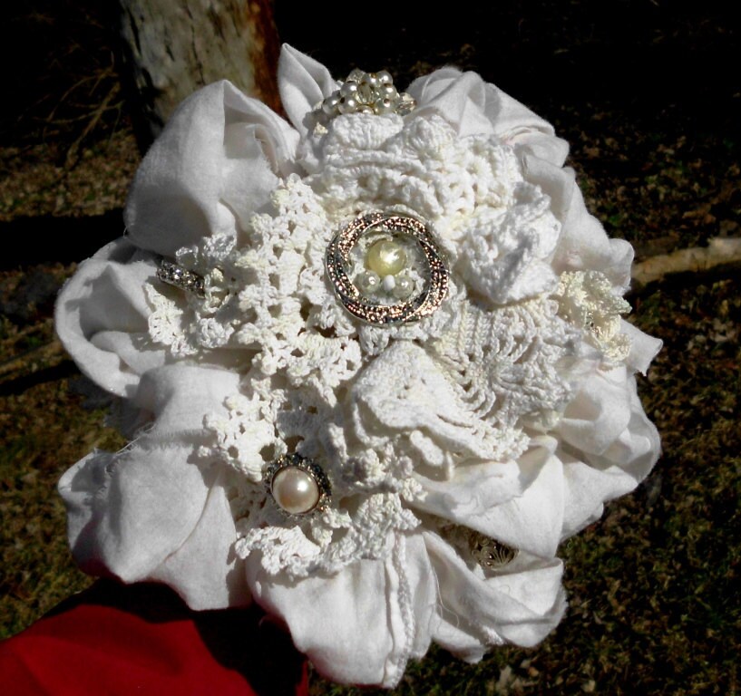 Brooch Wedding Bouquet Vintage Doily White Silver Rhinestones pearls 