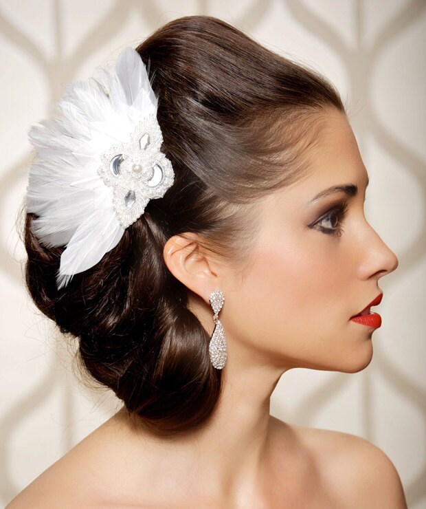 Art Deco Silver White Fascinator Hair Piece Bridal Head Piece 