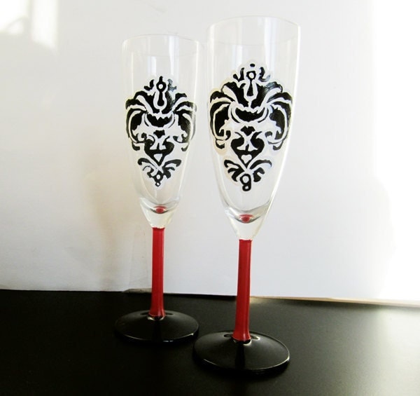 Romance me Red and black damask champagne glasses hand painted 