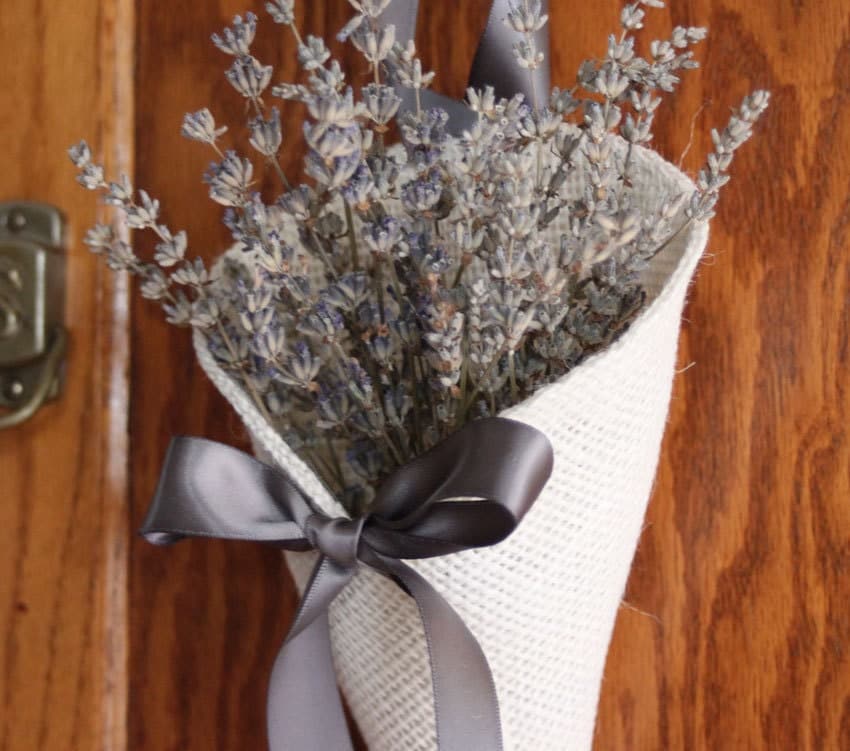 Ivory burlap pew cone with charcoal grey gray slate ribbon rustic wedding 